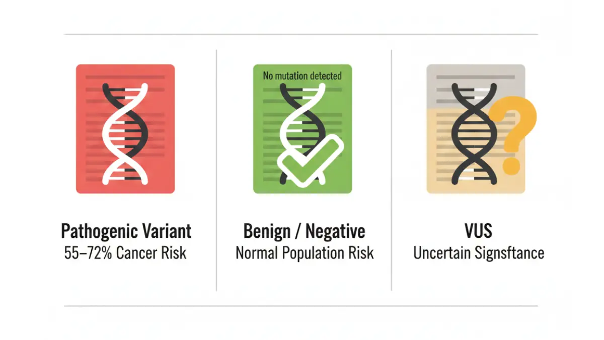 BRCA results classification diagram showing pathogenic variant benign negative result and VUS genetic finding
