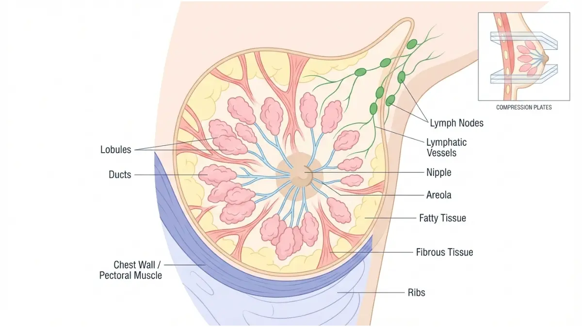 Anatomical cross-section diagram of the female breast showing lobules, ducts, fatty tissue, fibrous tissue, lymph nodes, and pectoral muscle for Mammogram Result education.