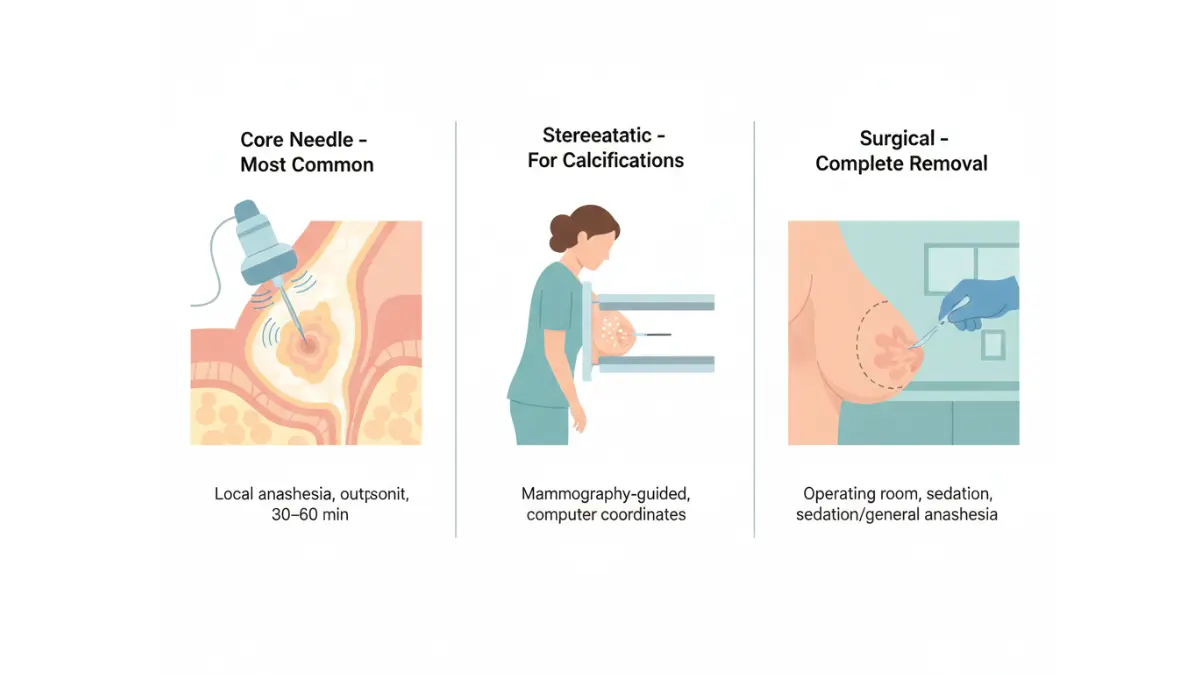 Three-panel diagram showing core needle biopsy, stereotactic biopsy, and surgical biopsy methods used after abnormal Mammogram Result findings.