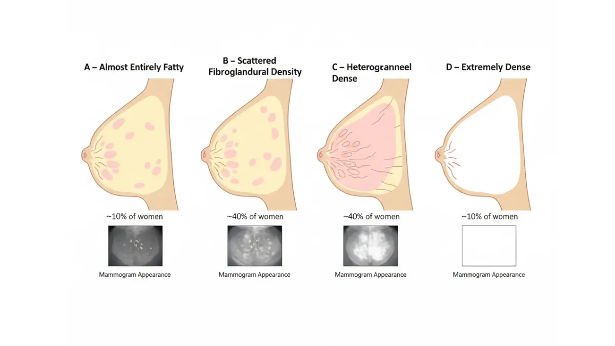 Breast density categories A through D diagram showing fatty and fibroglandular tissue distribution with mammogram appearance for Mammogram Result clarity.