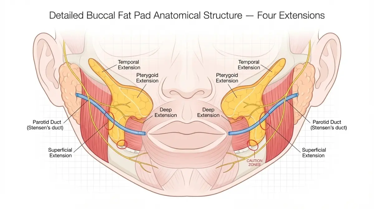 Buccal fat pad extensions anatomy diagram showing four extensions for evaluating buccal fat removal cost