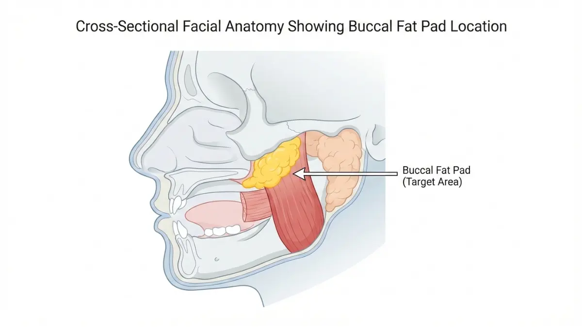 Cross-section facial anatomy showing buccal fat pad location for buccal fat removal cost analysis
