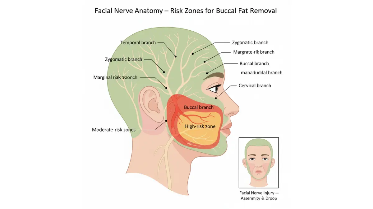 Facial nerve anatomy diagram showing buccal nerve risk zone relevant to buccal fat removal cost and safety