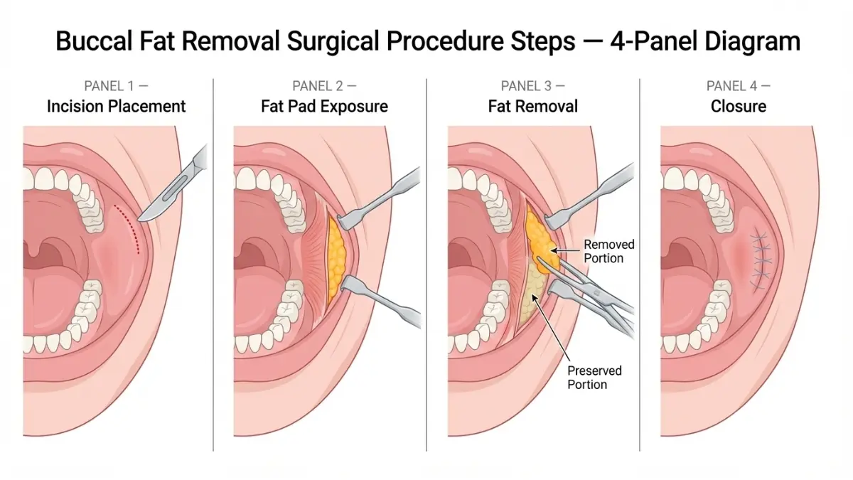 Four-step surgical diagram showing incision, exposure, fat removal, and closure for buccal fat removal cost explanation