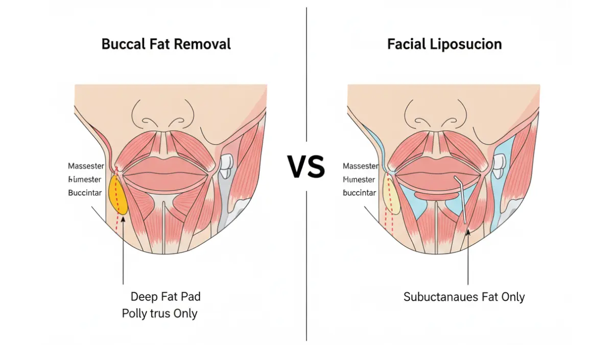 Comparison diagram showing anatomical differences between buccal fat removal and facial liposuction for buccal fat removal cost evaluation