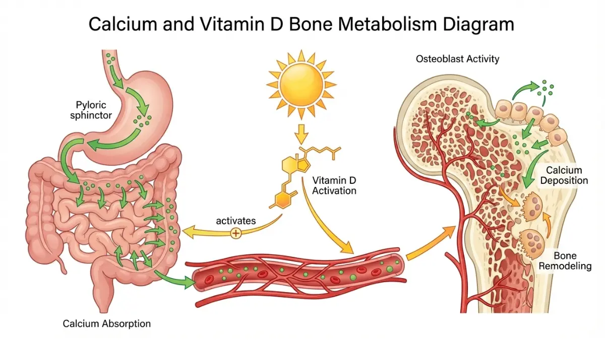 Medical diagram showing calcium absorption, vitamin D activation, and bone remodeling pathways that influence T-Score