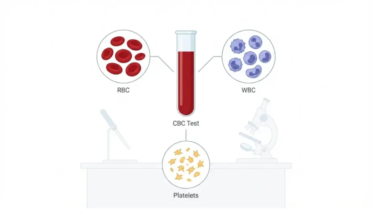 CBC test blood sample medical illustration showing red blood cells white blood cells and platelets