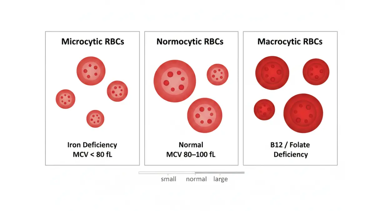 CBC test red blood cell size comparison showing microcytic normocytic and macrocytic anemia