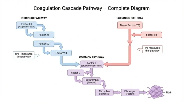 Coagulation Test Results explained using a complete coagulation cascade pathway diagram showing intrinsic, extrinsic, and common pathways with PT and aPTT measurement areas