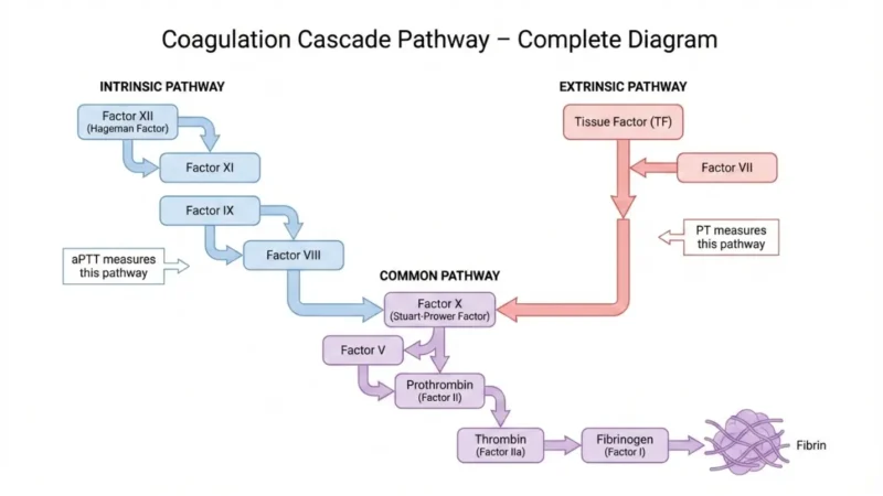 Coagulation Test Results explained using a complete coagulation cascade pathway diagram showing intrinsic, extrinsic, and common pathways with PT and aPTT measurement areas