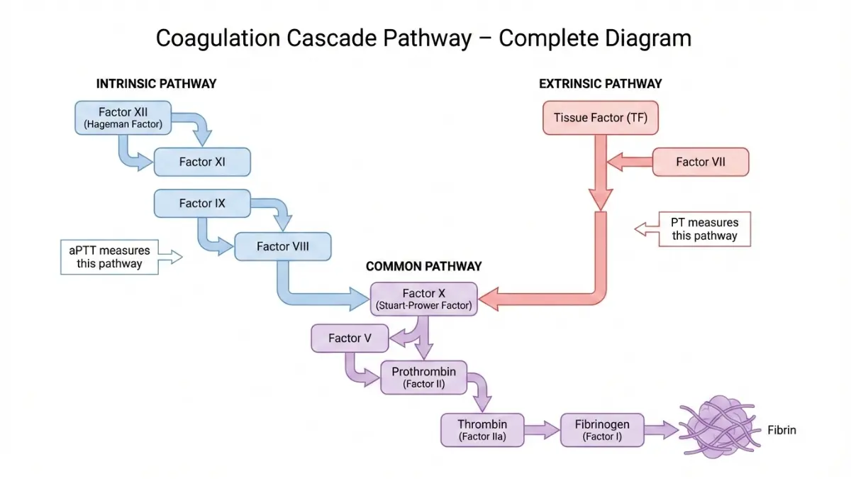 Coagulation Test Results explained using a complete coagulation cascade pathway diagram showing intrinsic, extrinsic, and common pathways with PT and aPTT measurement areas