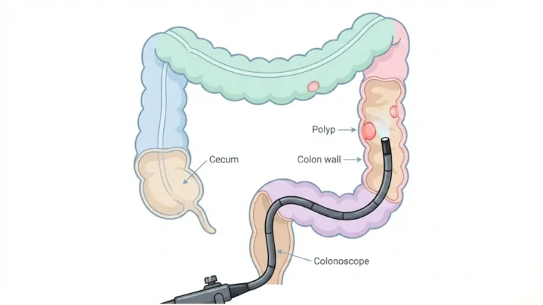 Colonoscopy Results diagram showing colonoscope pathway, colon anatomy, and polyp detection.