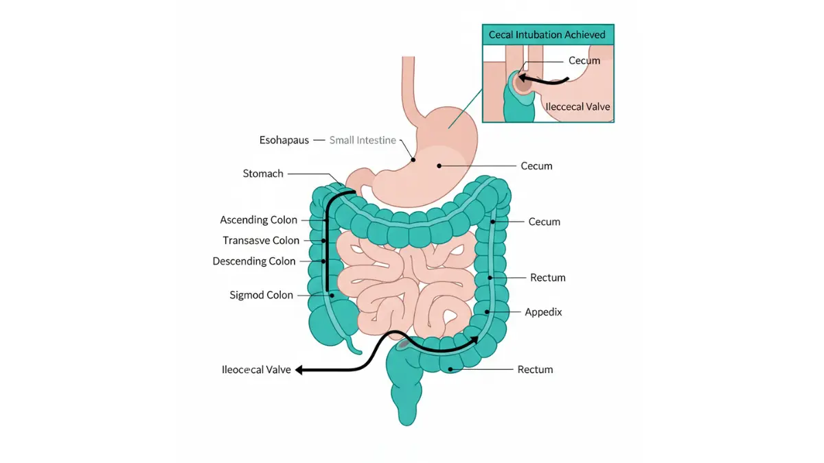 Colonoscopy Results anatomical diagram highlighting colon segments and colonoscope pathway.