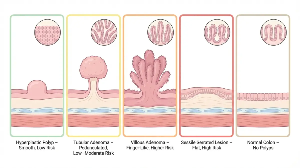 Colonoscopy Results illustration comparing five colon polyp types with cross-sectional anatomy and risk levels.