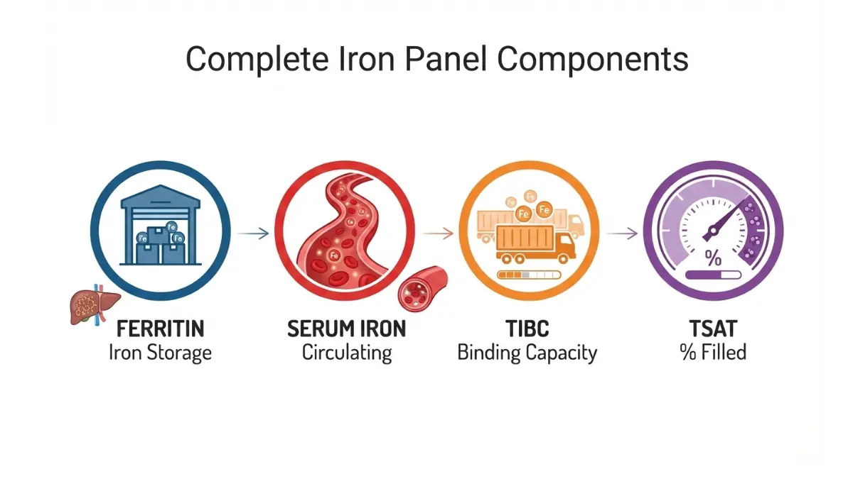 Ferritin Level comparison infographic showing ferritin storage, serum iron circulation, TIBC binding capacity, and transferrin saturation percentage