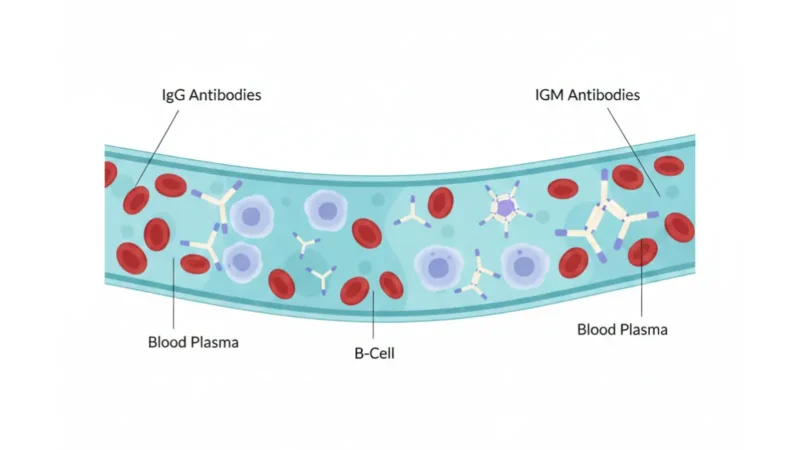 Medical anatomy diagram showing COVID antibody IgG and IgM circulating in human bloodstream with B cells and red blood cells