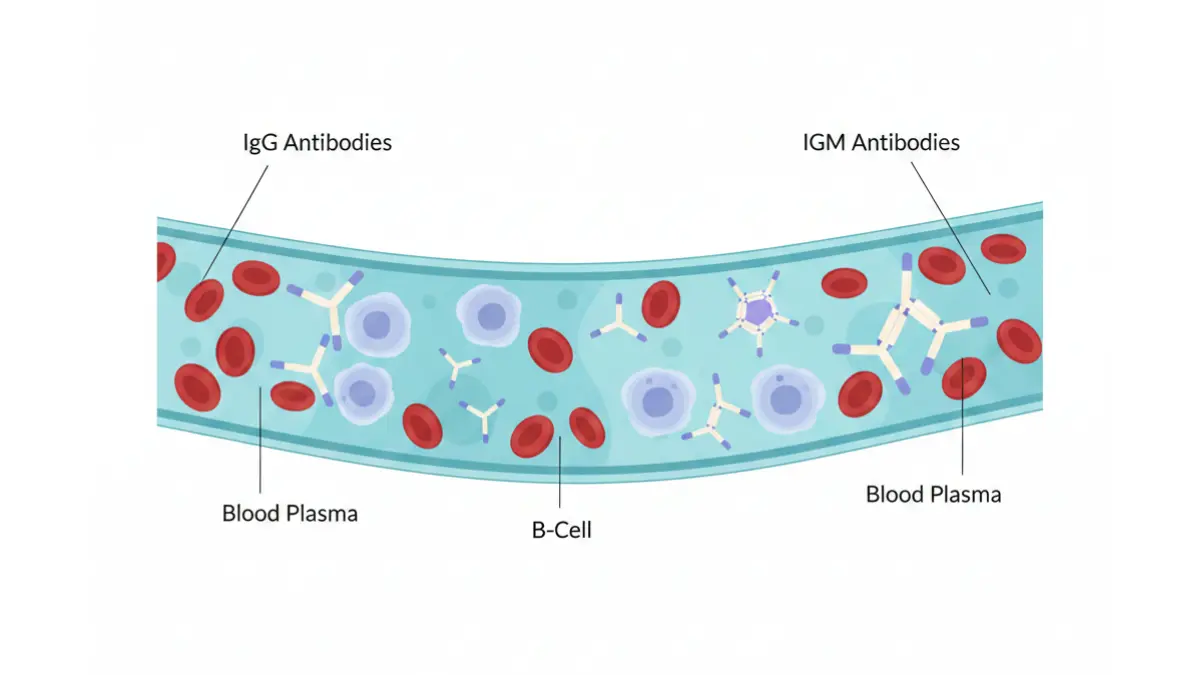 Medical anatomy diagram showing COVID antibody IgG and IgM circulating in human bloodstream with B cells and red blood cells