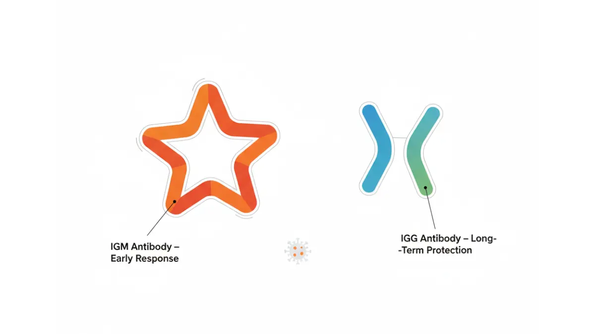 Medical diagram comparing COVID antibody IgM pentamer structure and IgG single Y shape molecular anatomy