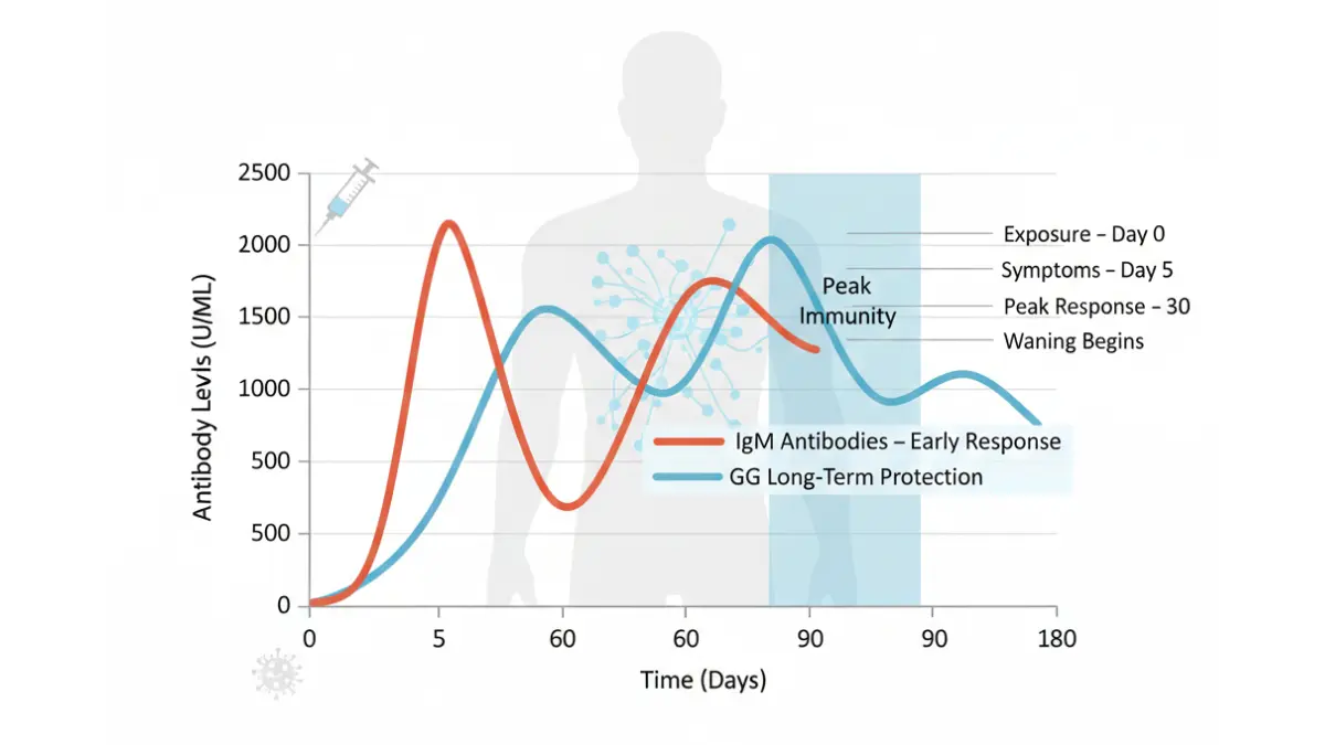 Medical graph showing COVID antibody IgM and IgG level changes over 180 days after infection or vaccination