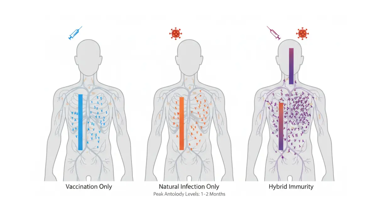 Medical diagram comparing COVID antibody levels from vaccination only natural infection only and hybrid immunity