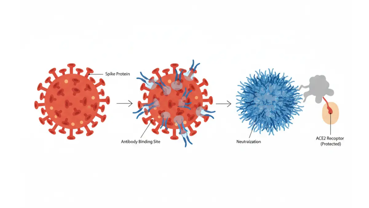 Medical diagram showing COVID antibody neutralization binding to SARS-CoV-2 spike proteins preventing infection