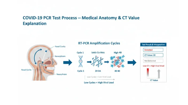 Medical anatomy vector diagram explaining COVID PCR test process from nasopharyngeal swab collection through RT-PCR amplification to CT value result interpretation