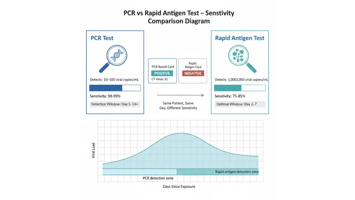 Medical comparison diagram showing COVID PCR versus rapid antigen test sensitivity, detection thresholds, and viral load requirements for positive results