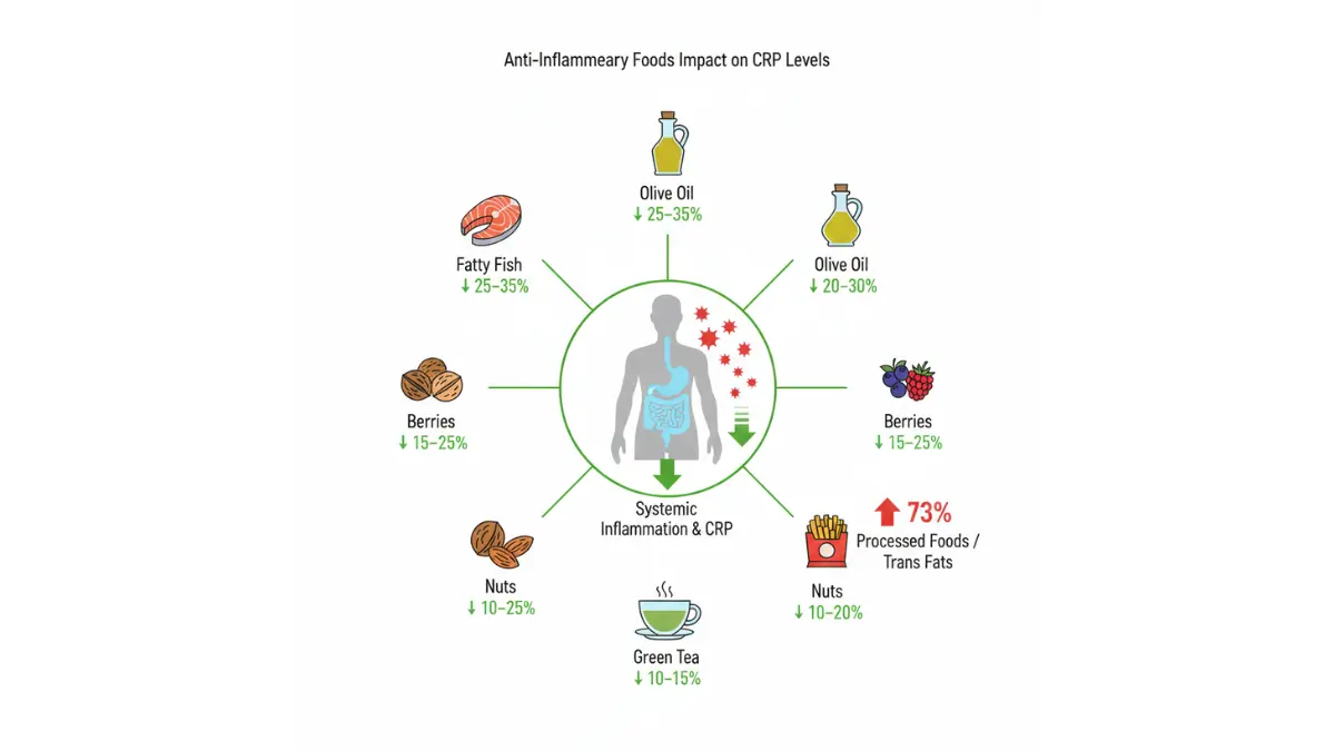 CRP Test Results nutrition diagram showing anti-inflammatory foods that reduce C-reactive protein levels