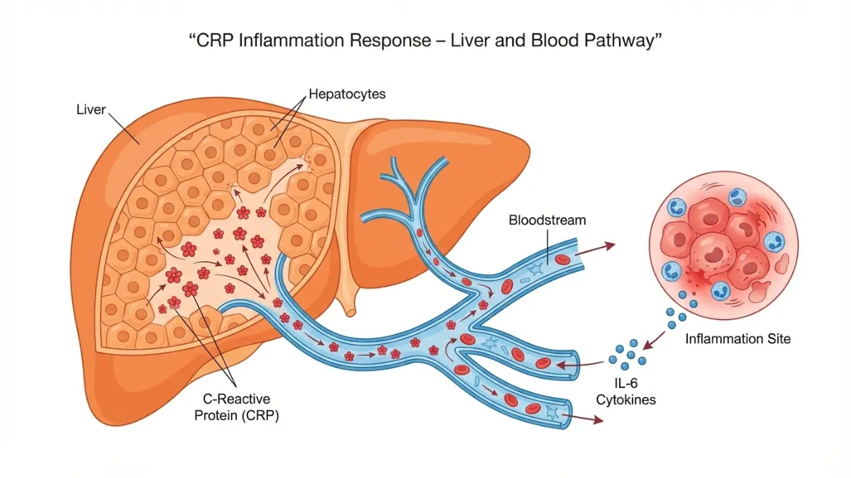 CRP Test Results medical illustration showing liver production of C-reactive protein in response to inflammation