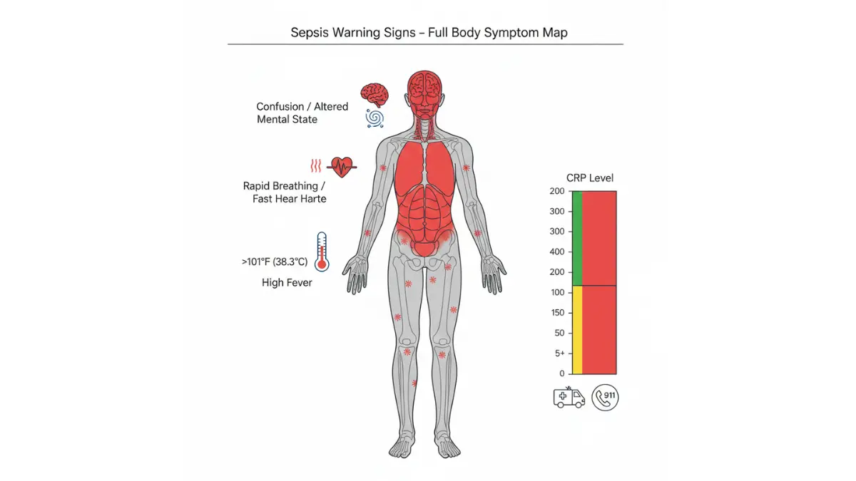 CRP Test Results emergency diagram showing sepsis warning signs and full body symptoms