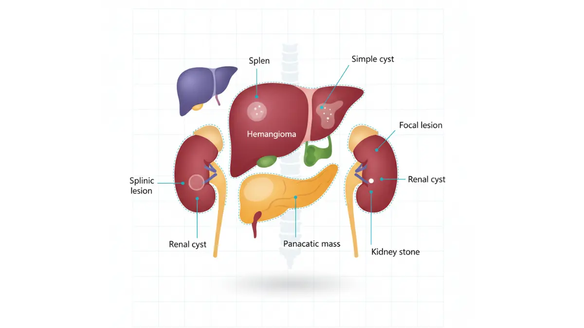 CT Scan abdominal organ findings illustration showing liver, kidneys, pancreas abnormalities