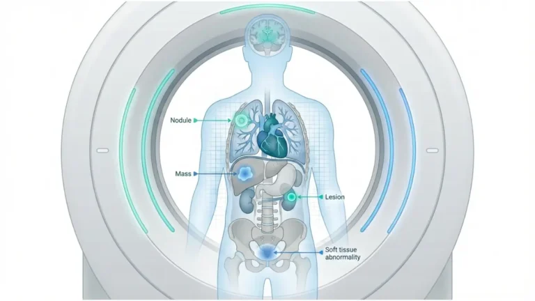 CT Scan cross-sectional anatomy diagram showing torso organs and highlighted abnormalities