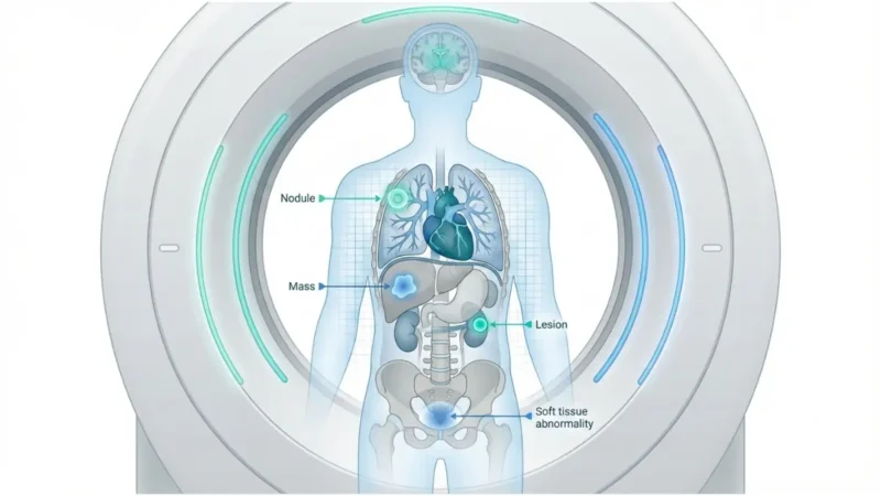 CT Scan cross-sectional anatomy diagram showing torso organs and highlighted abnormalities