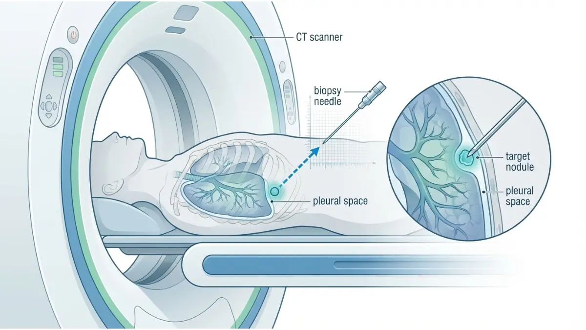 CT Scan guided biopsy illustration showing needle path to lung nodule
