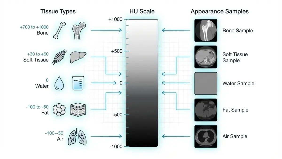 CT Scan Hounsfield Unit scale diagram comparing tissue density levels