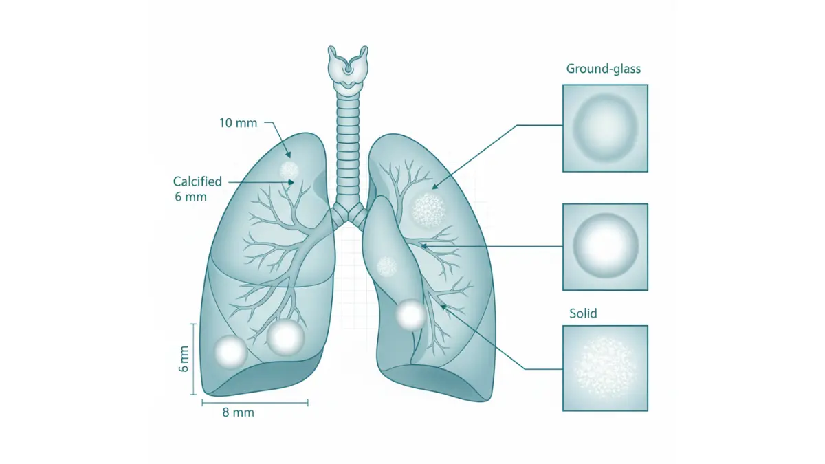 CT Scan lung nodule types diagram showing ground-glass, solid, and calcified nodules