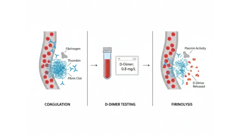 D-dimer medical anatomy diagram showing fibrin clot formation and breakdown with D-dimer fragments released into the bloodstream