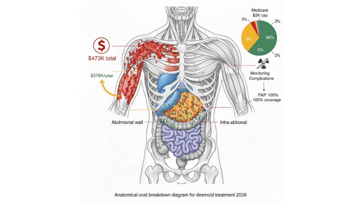 desmoid tumor medical anatomy diagram with $473K 3-year treatment cost breakdown