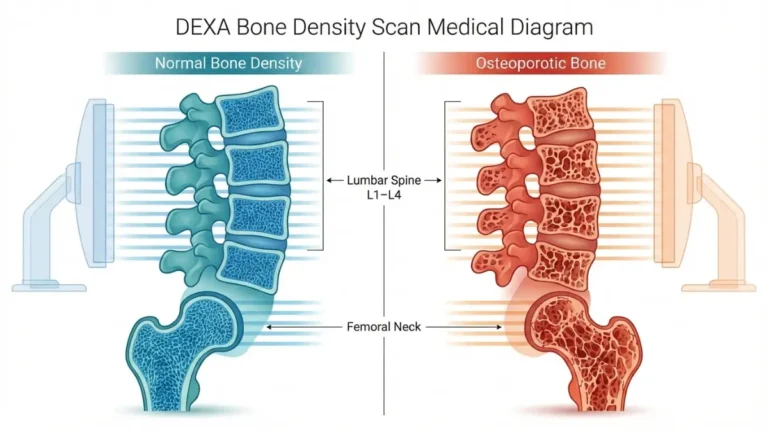 Medical diagram showing DEXA bone density scan with normal vs osteoporotic bone structure and T-Score comparison