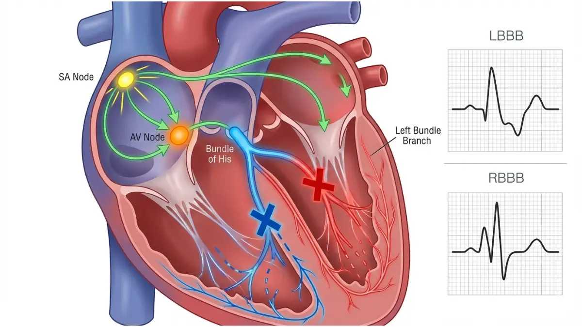 ECG abnormal bundle branch block diagram showing heart conduction system with left and right bundle branch block pathways