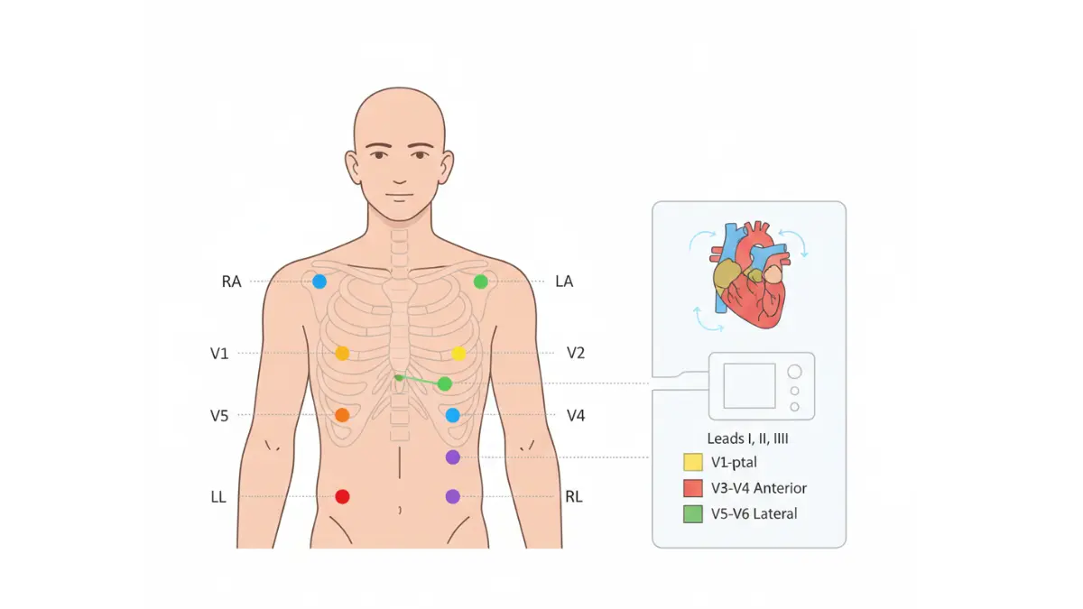 ECG abnormal electrode placement diagram showing RA LA RL LL limb leads and V1 to V6 chest leads on torso anatomy