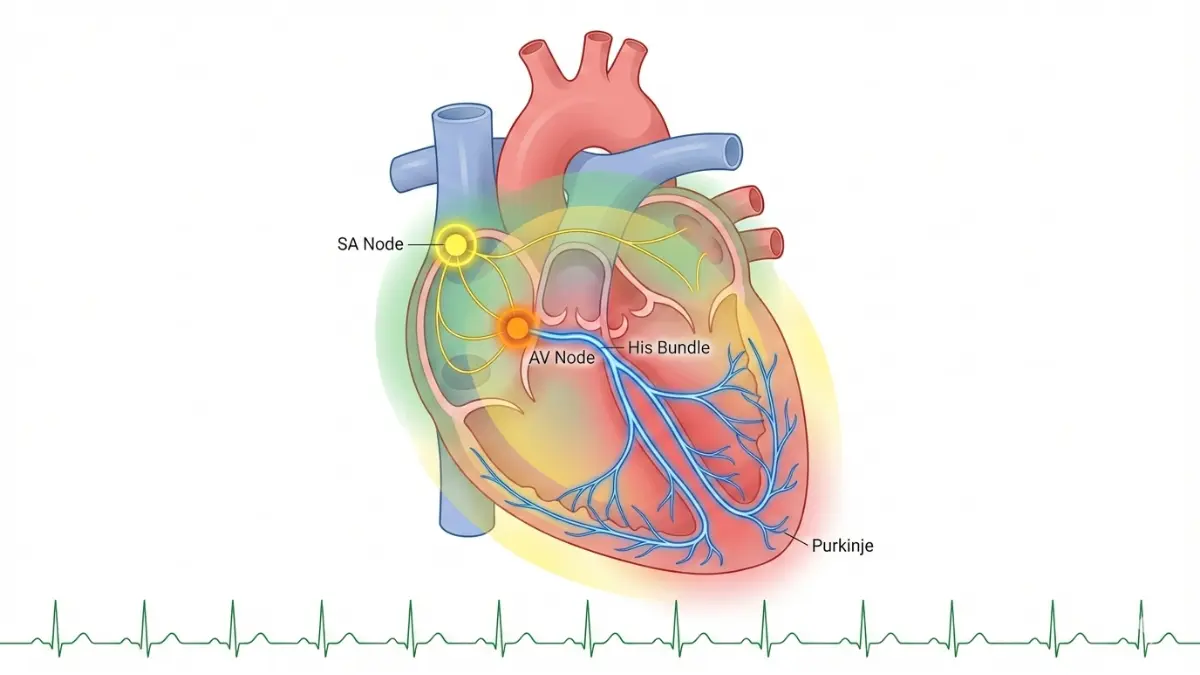 ECG abnormal heart electrical conduction system diagram with SA node, AV node, His bundle and color-coded risk zones