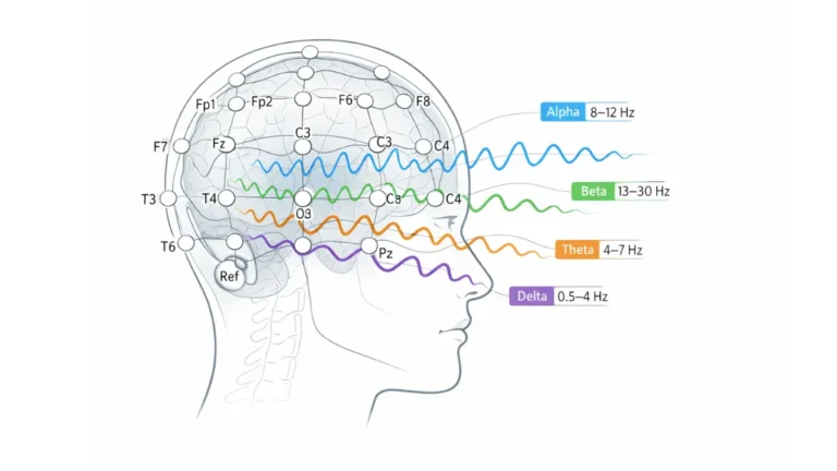 EEG results diagram showing alpha beta theta delta brain waves with 10-20 electrode placement system