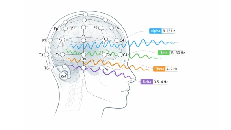 EEG results diagram showing alpha beta theta delta brain waves with 10-20 electrode placement system