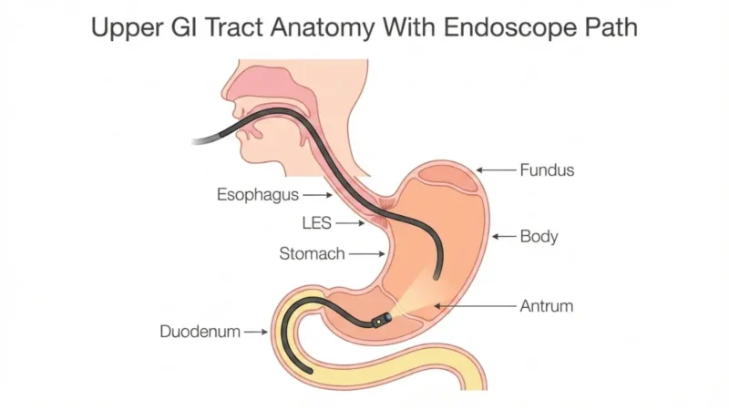 Medical diagram showing upper gastrointestinal tract anatomy with endoscope path through esophagus stomach and duodenum for understanding Endoscopy Results.