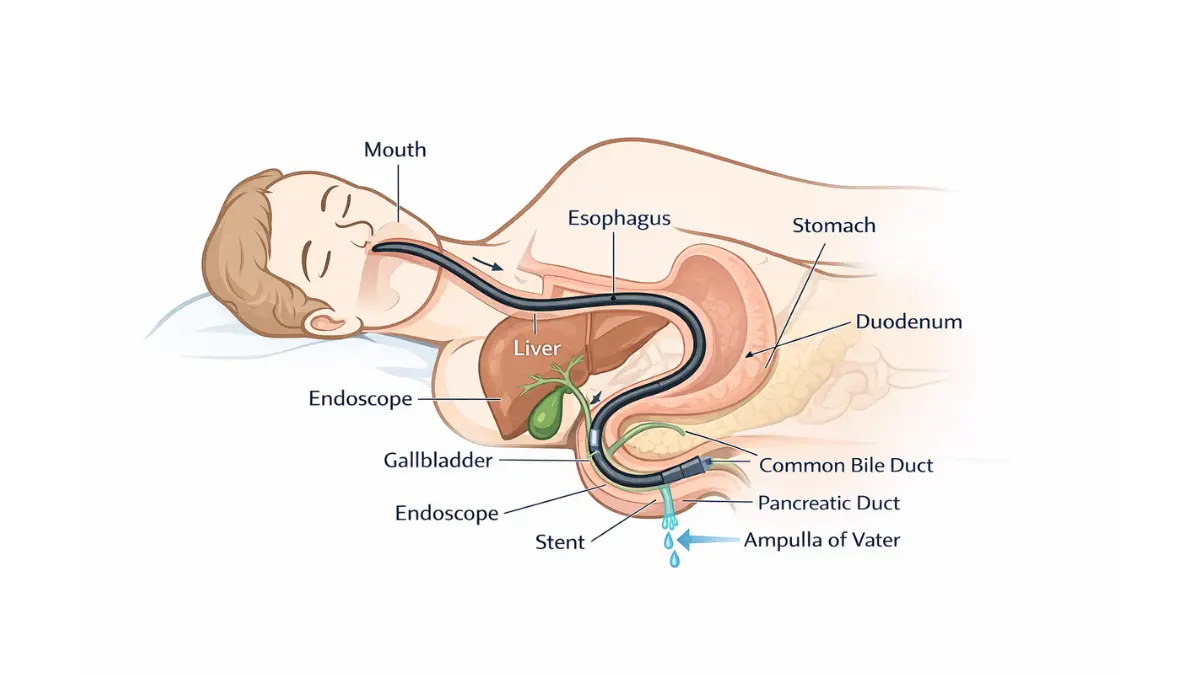 ERCP endoscope pathway diagram showing scope route, bile duct entry and stent placement for EMG Results explanation