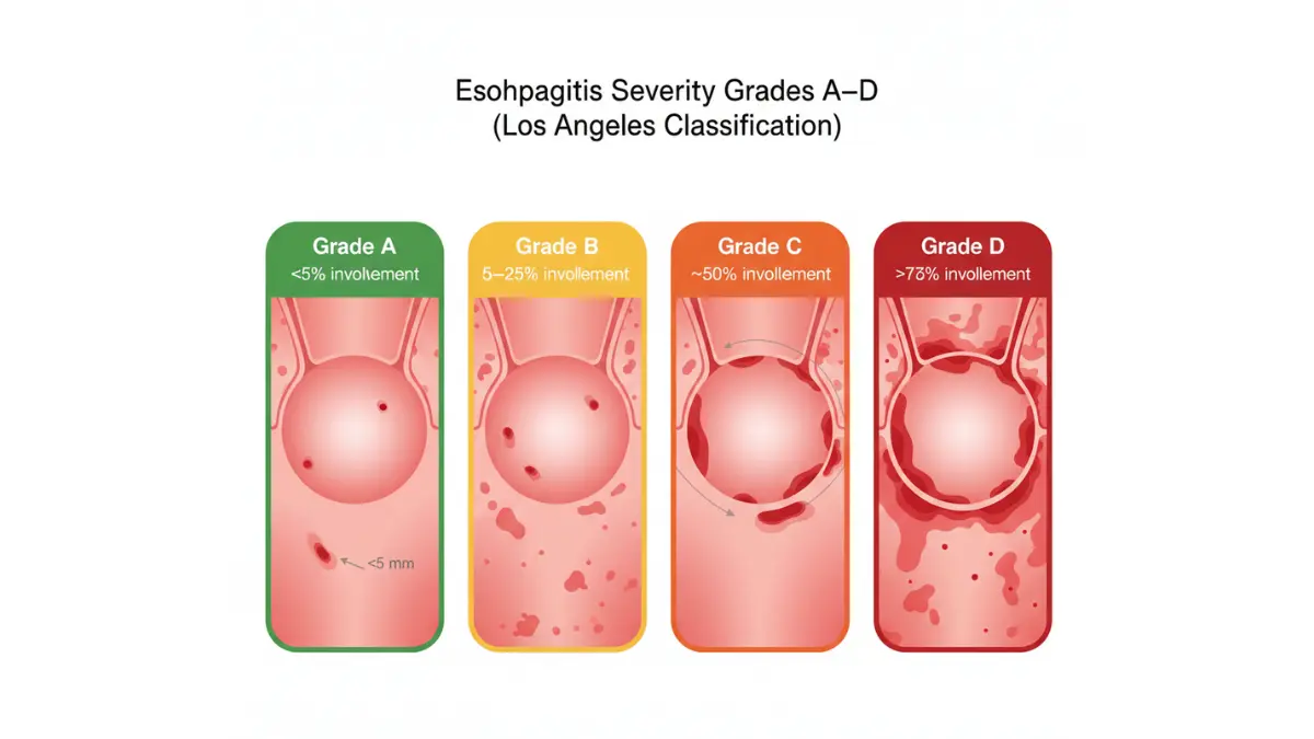 Los Angeles classification diagram showing esophagitis grades A B C and D with erosion severity to interpret Endoscopy Results.