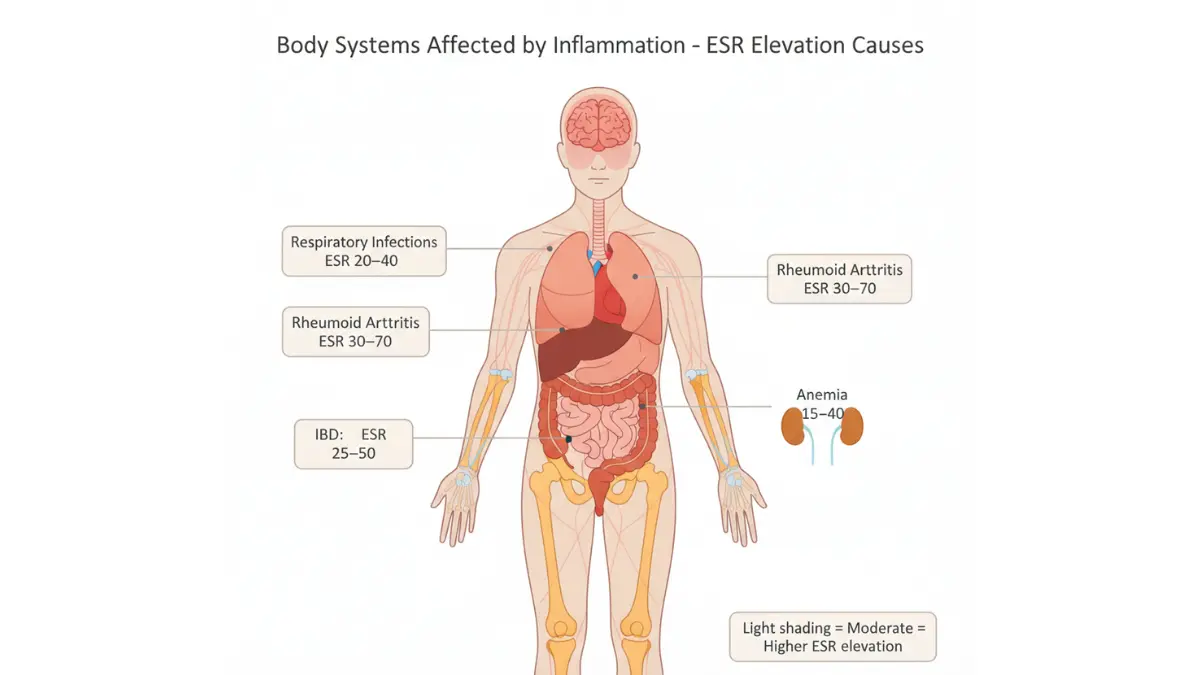 ESR elevation causes shown on body systems affected by inflammation