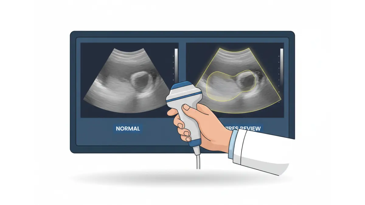 Medical illustration comparing normal and abnormal ultrasound results side-by-side with radiologist review