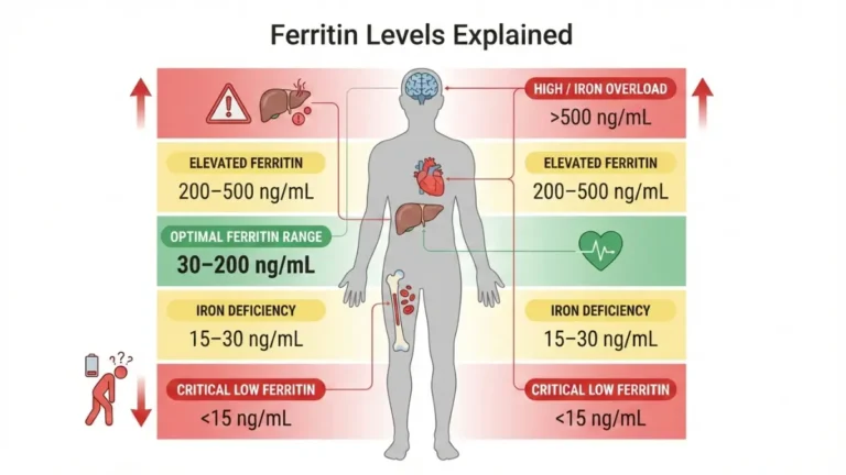 Ferritin Level medical anatomy diagram showing low, normal, and high ferritin ranges with color-coded zones and affected organs
